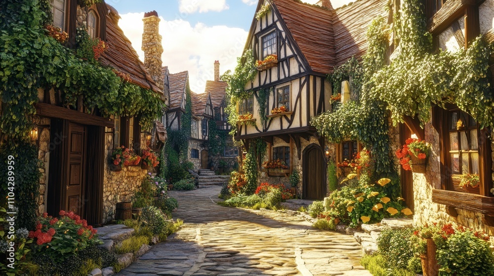 Charming European Village Street with Cobblestone Pathway and Flowers Charming European Village Street with Cobblestone Pathway and Flowers
