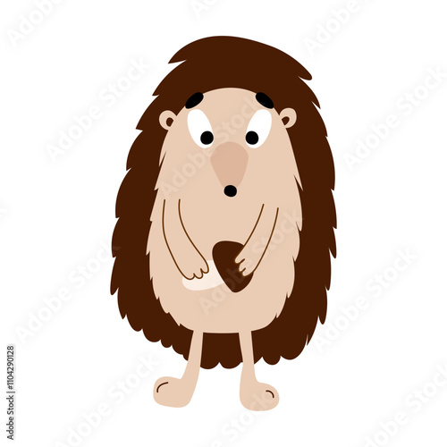 A cute cartoon hedgehog stands on its legs and holding mushroom. Hedgehog vector illustration isolated on white background