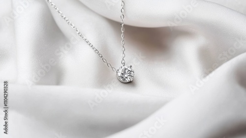 Elegant silver necklace with sparkling diamond on satin fabric