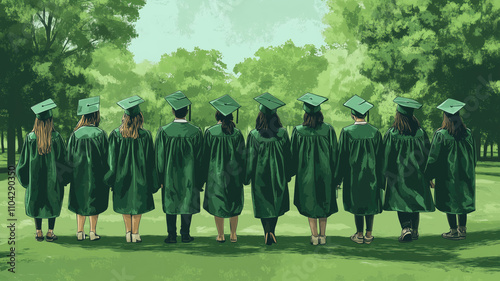 Generative AI illustration back view of group of students in green graduation gown and cap standing together on asphalt facing green lawn with trees