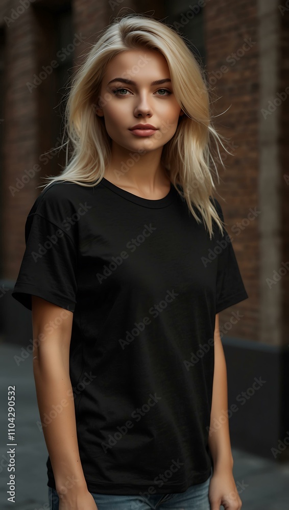 Blonde model in a black T-shirt, ideal for a mockup. Blonde model in a black T-shirt, ideal for a mockup.