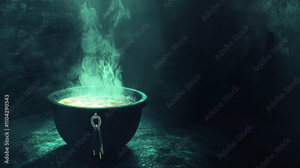 Glowing cauldron emits luminous vapor in a dark, mystical chamber surrounded by stone walls Glowing cauldron emits luminous vapor in a dark, mystical chamber surrounded by stone walls