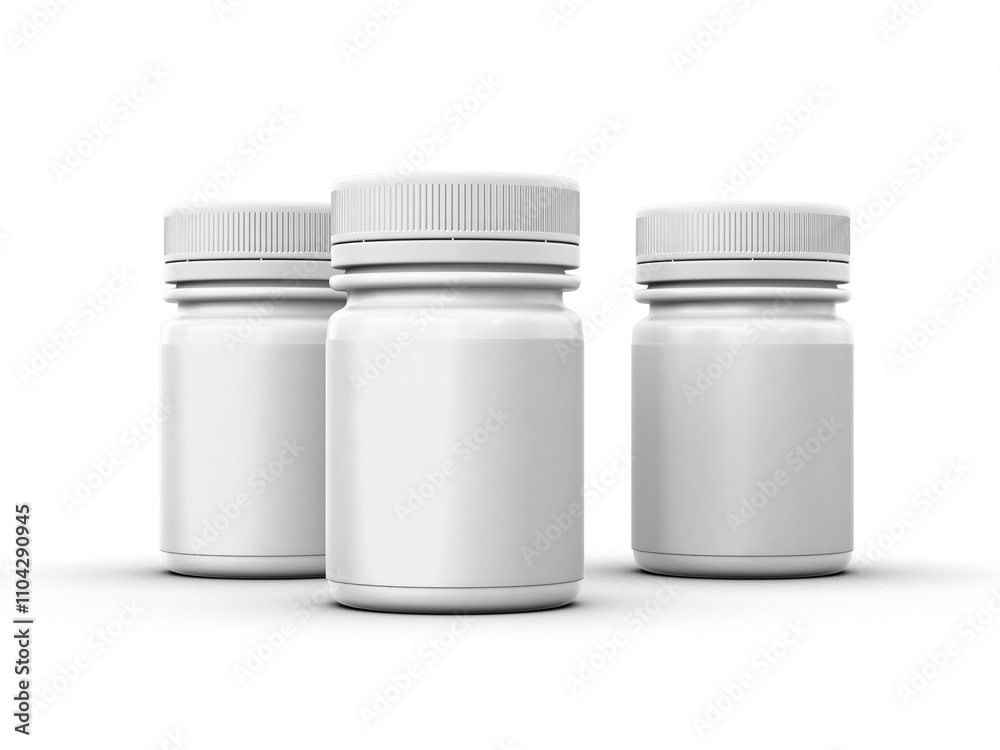 Three blank white bottles with screw-on lids, commonly used for packaging supplements or medications. Three blank white bottles with screw-on lids, commonly used for packaging supplements or medications.