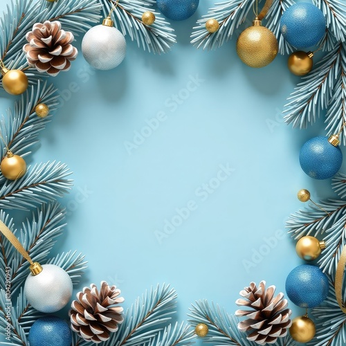 blue Christmas background with fir branches and decorations