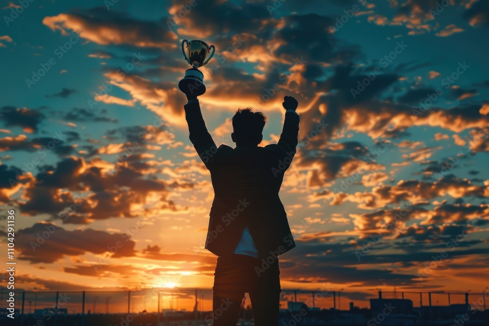 Fototapeta premium Businessman wins gold trophy in 2021 sunset success concept.