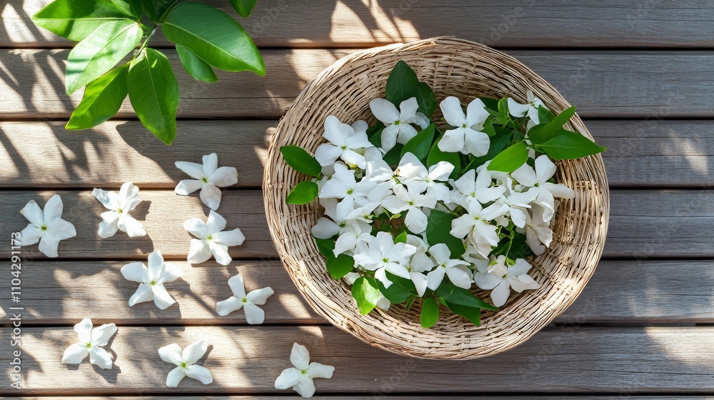 An artistic arrangement of delicate white jasmine flowers in a woven basket on a wooden porch, top-down shot, Rustic style An artistic arrangement of delicate white jasmine flowers in a woven basket on a wooden porch, top-down shot, Rustic style