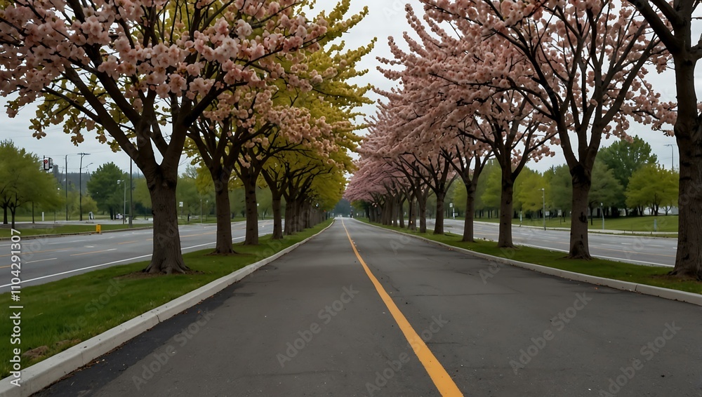 Blooming ornamental trees along an empty road median. Blooming ornamental trees along an empty road median.