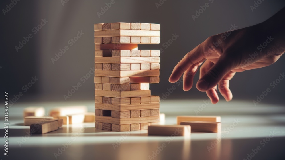 A wooden tower for playing jenga with a half-pulled block. The hand hovers over the tower, as if deciding what to do next. The scene reflects a delicate balance symbolizing risk and choice in life. A wooden tower for playing jenga with a half-pulled block. The hand hovers over the tower, as if deciding what to do next. The scene reflects a delicate balance symbolizing risk and choice in life.