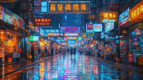 Vibrant night street scene in Asia, reflecting colorful neon signs on wet pavement.