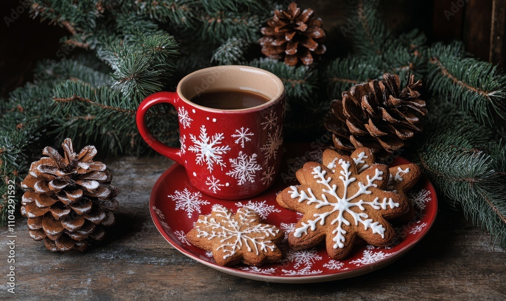 Christmas designed cup with coffee and gingerbread cookies on holiday background with Christmas decoration and bokeh, winter morning, festive concept Christmas designed cup with coffee and gingerbread cookies on holiday background with Christmas decoration and bokeh, winter morning, festive concept