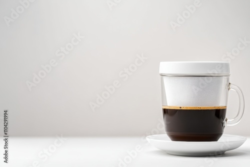 vietnamese coffee presentation, traditional vietnamese coffee drip filter on white saucer, isolated against pristine background with space for text