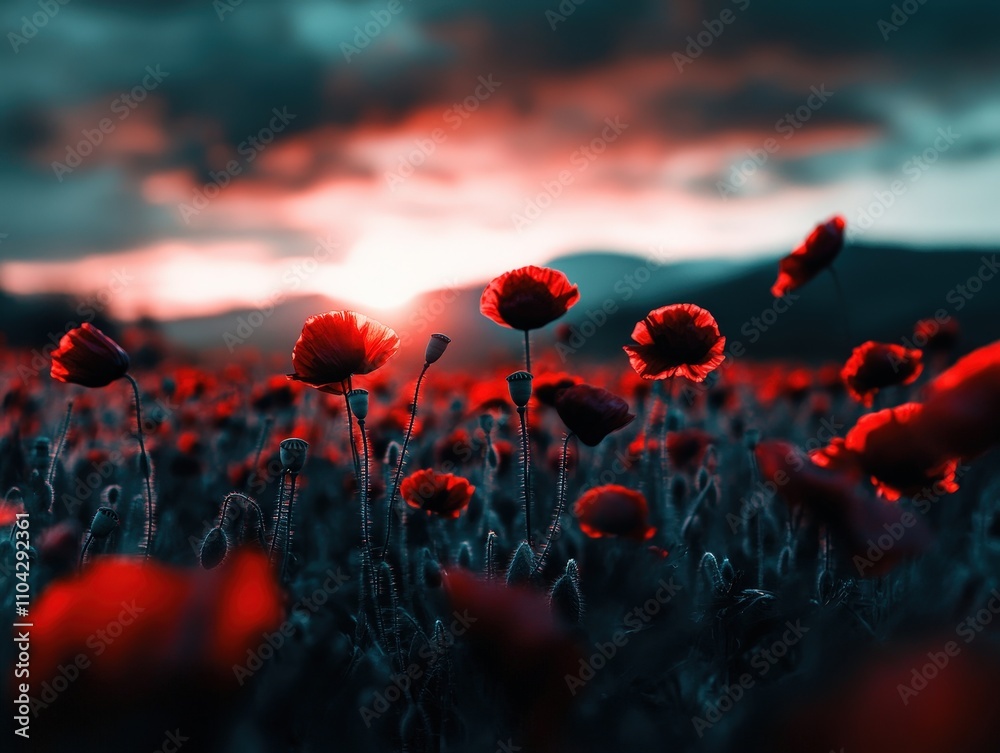 Obraz premium A mesmerizing view of a field filled with poppy flowers, their vibrant red hues contrasted against a dramatic dusk sky, evoking feelings of nature's beauty.