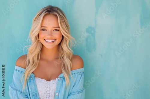 Smiling woman with long hair poses against a light blue background during daytime