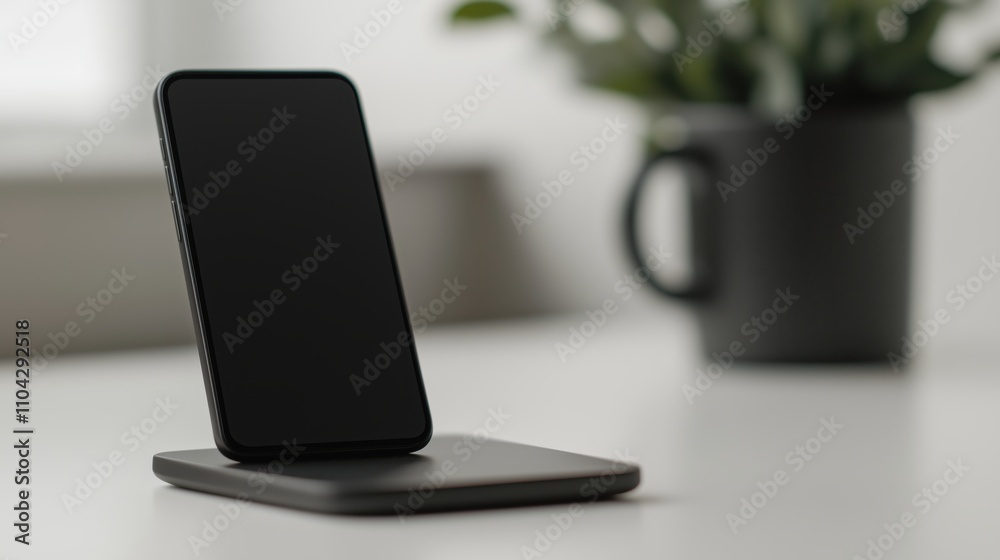 Smartphone charging wirelessly on modern desk in minimalist setting Smartphone charging wirelessly on modern desk in minimalist setting