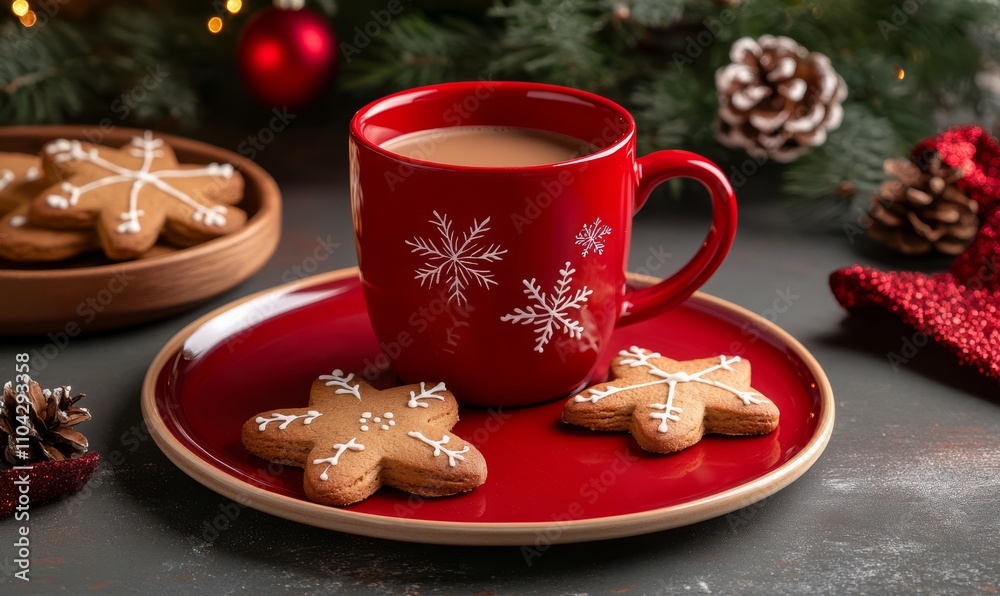 Christmas designed cup with coffee and gingerbread cookies on holiday background with Christmas decoration and bokeh, winter morning, festive concept Christmas designed cup with coffee and gingerbread cookies on holiday background with Christmas decoration and bokeh, winter morning, festive concept