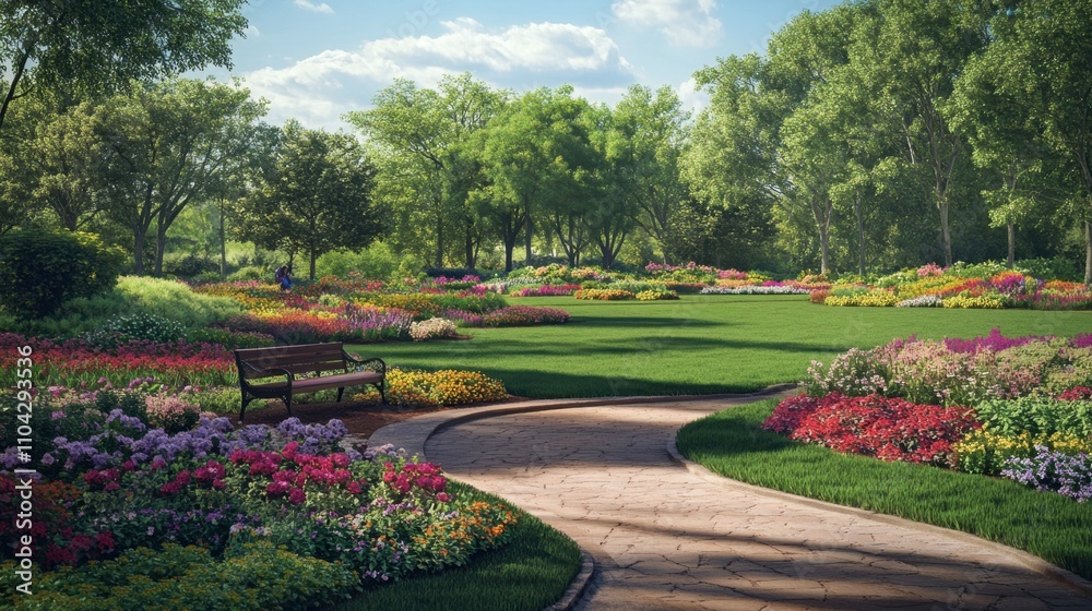 Obraz premium Vibrant Flower Garden with Pathway and Bench Under Clear Sky