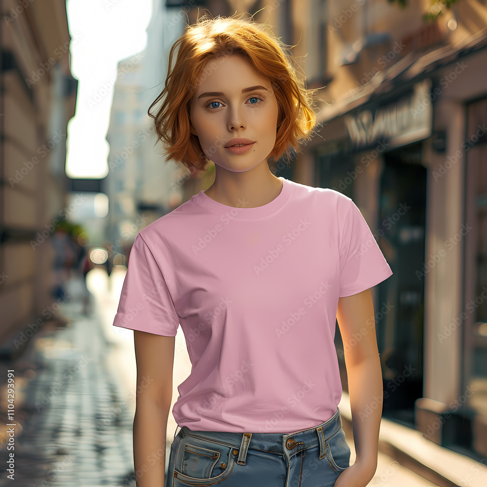 A youthful Caucasian woman with short, wavy red hair, dressed in a pink t-shirt, poses confidently in a sunlit urban street.