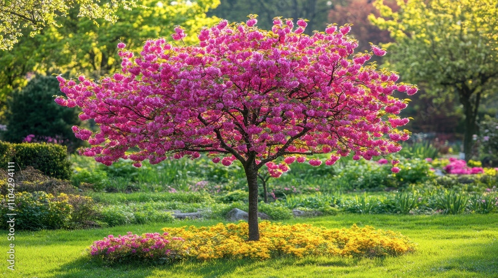 Vibrant Pink Flowering Tree in Lush Green Garden Setting Vibrant Pink Flowering Tree in Lush Green Garden Setting