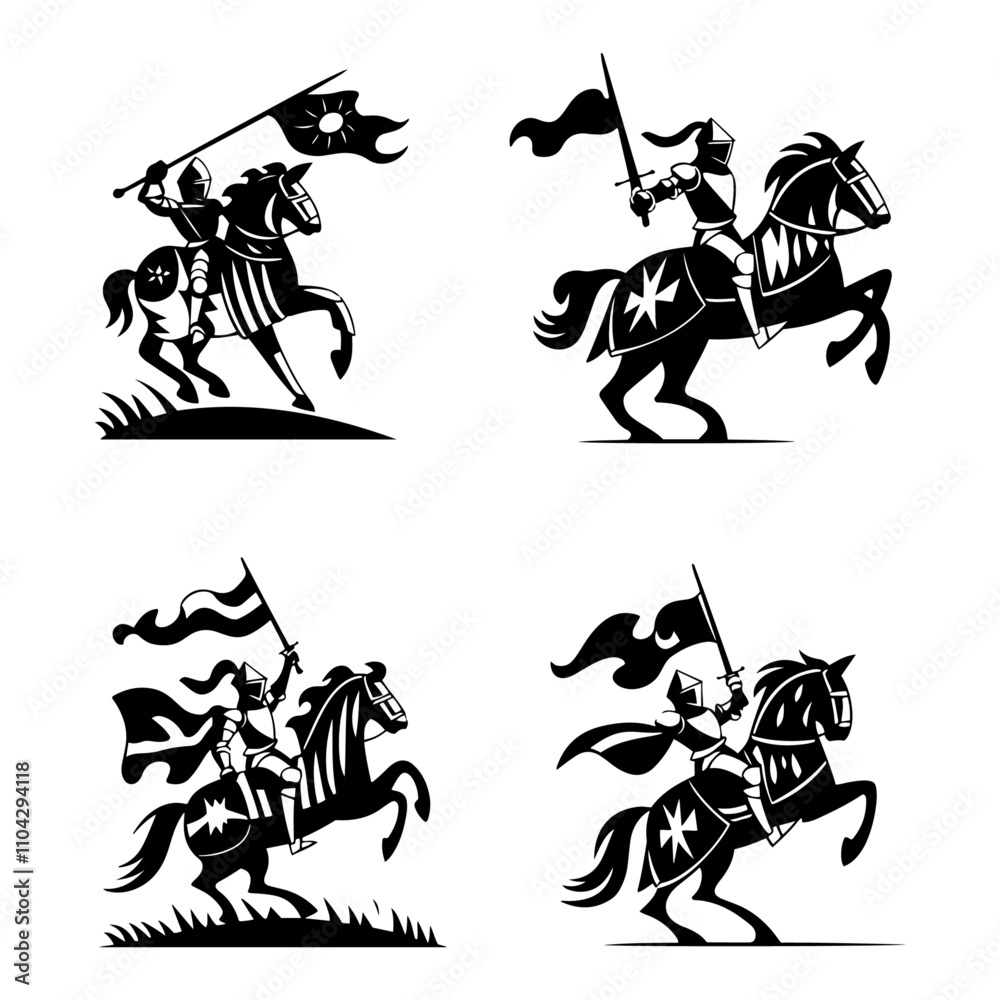 Set of Silhouette knight medieval cavalier with horse holding flag, Silhouette of a knight on a horse, knight riding horse, Silhouette of a knight on a horse, in black color only, full-body Set of Silhouette knight medieval cavalier with horse holding flag, Silhouette of a knight on a horse, knight riding horse, Silhouette of a knight on a horse, in black color only, full-body