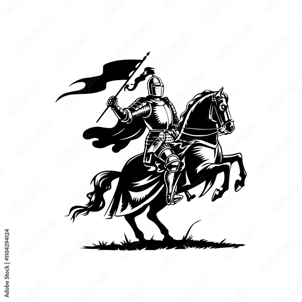 Naklejka premium Silhouette knight medieval cavalier with horse holding flag, Silhouette of a knight on a horse, knight riding horse, Silhouette of a knight on a horse, in black color only, full-body