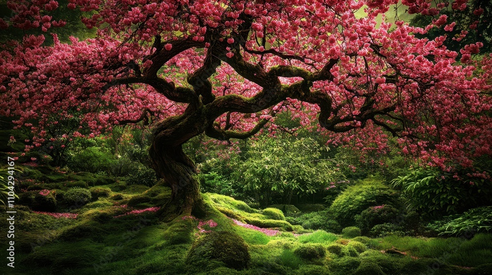 Fototapeta premium Majestic Cherry Blossom Tree Surrounded by Lush Greenery and Moss