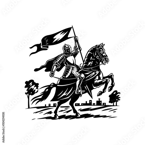Silhouette knight medieval cavalier with horse holding flag, Silhouette of a knight on a horse, knight riding horse, Silhouette of a knight on a horse, in black color only, full-body