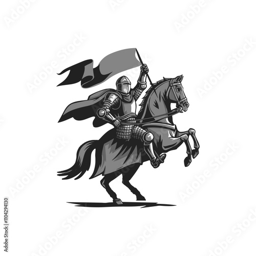 Silhouette knight medieval cavalier with horse holding flag, Silhouette of a knight on a horse, knight riding horse, Silhouette of a knight on a horse, in black color only, full-body