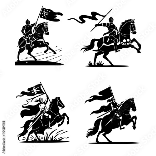 Set of Silhouette knight medieval cavalier with horse holding flag, Silhouette of a knight on a horse, knight riding horse, Silhouette of a knight on a horse, in black color only, full-body