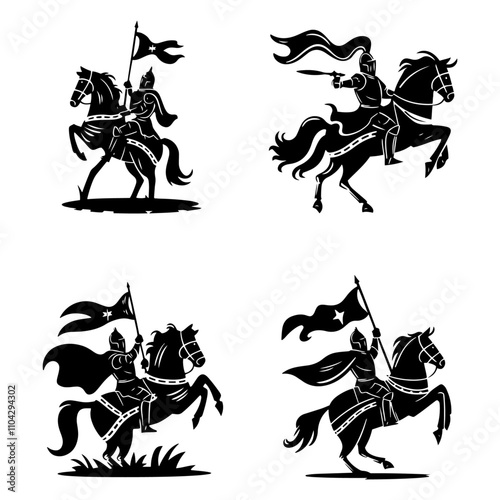 Set of Silhouette knight medieval cavalier with horse holding flag, Silhouette of a knight on a horse, knight riding horse, Silhouette of a knight on a horse, in black color only, full-body