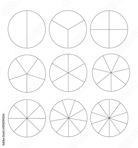 Segmented circles isolated on a white background. A different number of sectors divides the circle into equal parts. Vector