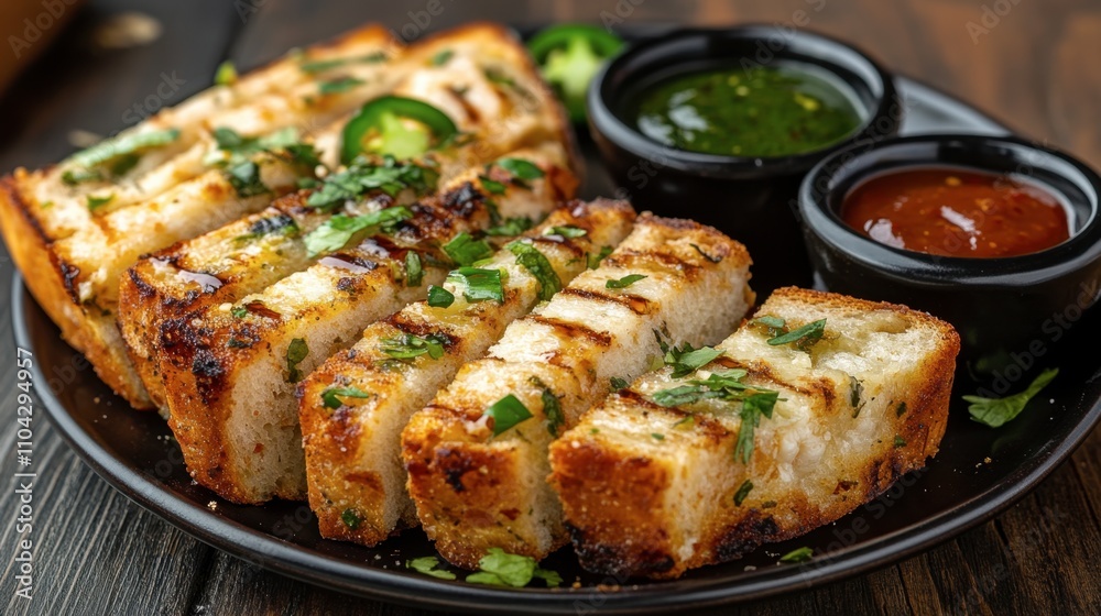 Grilled Bread Slices with Fresh Herbs and Sauces on a Dark Plate Grilled Bread Slices with Fresh Herbs and Sauces on a Dark Plate