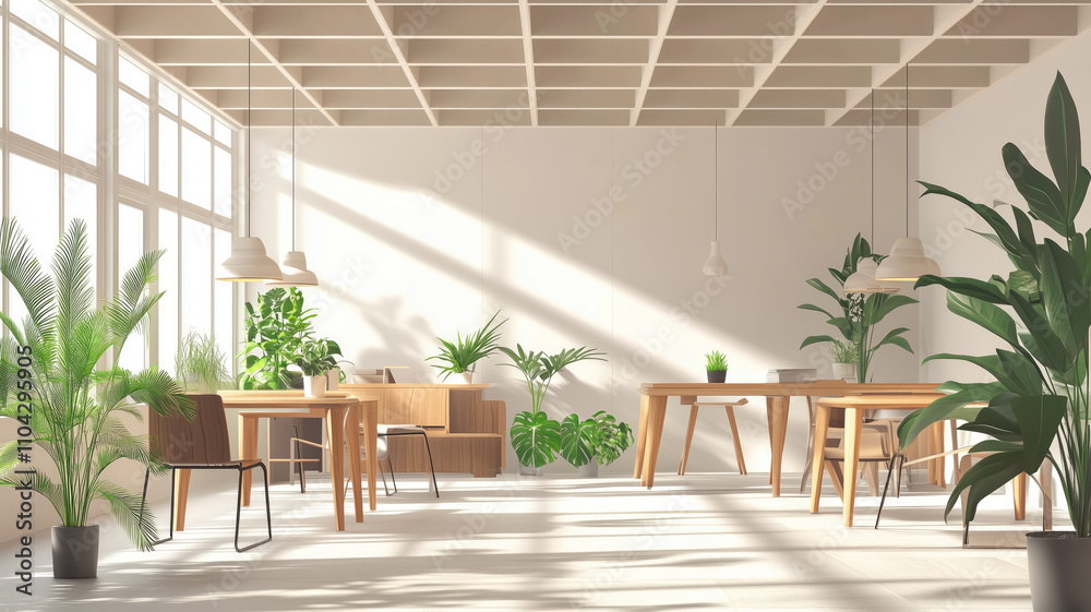 Fototapeta premium Generative AI illustration of interior design of modern workspace with stylish box ceiling and wooden tables with chairs and potted plants indoors