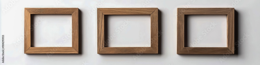 Three empty wooden frames on white wall – minimalist home décor Three empty wooden frames on white wall – minimalist home décor