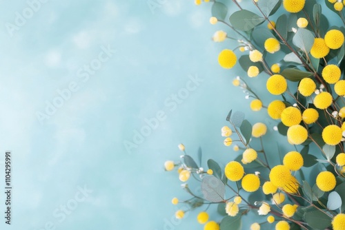 Bright yellow flowers and green leaves create a vibrant display against a light blue background photo