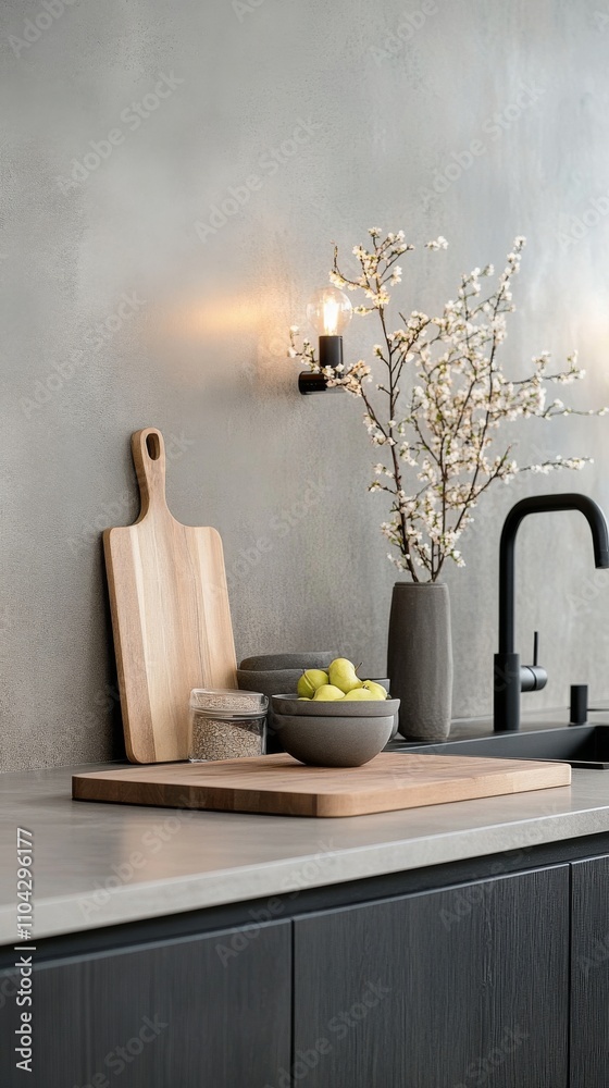 Stylish kitchen countertop featuring minimalistic decor and natural elements Stylish kitchen countertop featuring minimalistic decor and natural elements