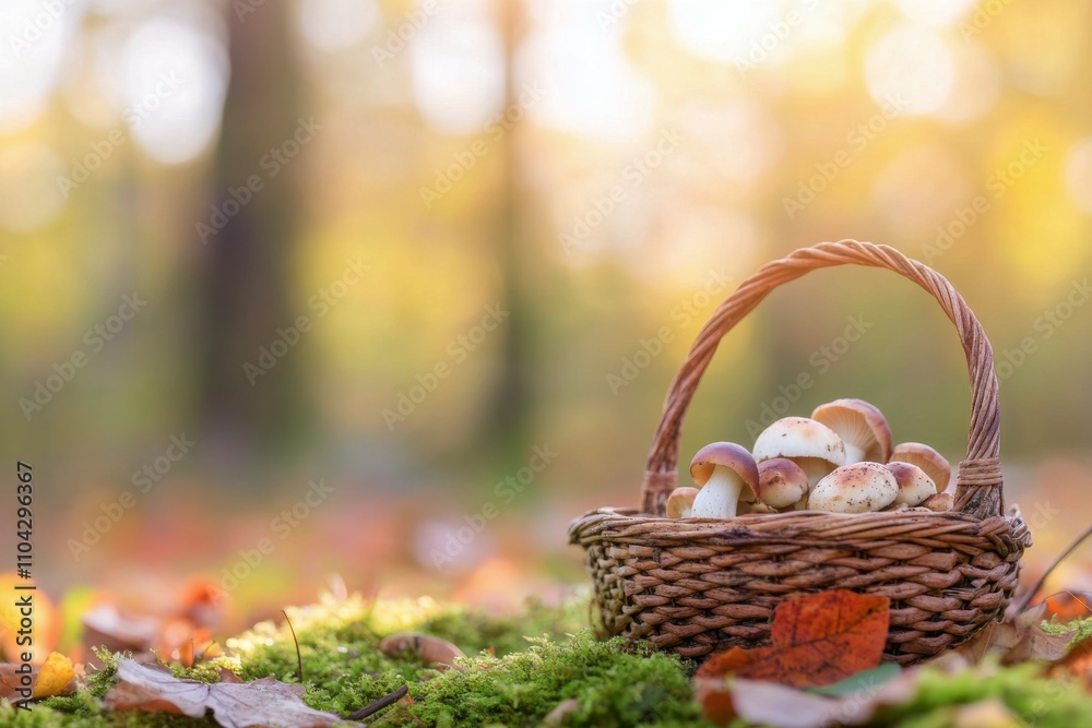 Basket of mushrooms collected in a forest during autumn with soft sunlight in the background Basket of mushrooms collected in a forest during autumn with soft sunlight in the background