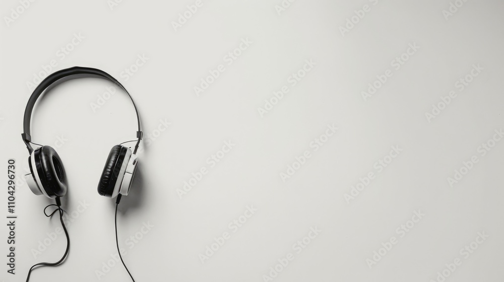 A pair of black and silver headphones resting on a white surface, emphasizing sound and music. A pair of black and silver headphones resting on a white surface, emphasizing sound and music.