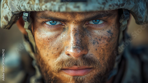 Intense close-up of young caucasian male soldier with blue eyes in combat gear