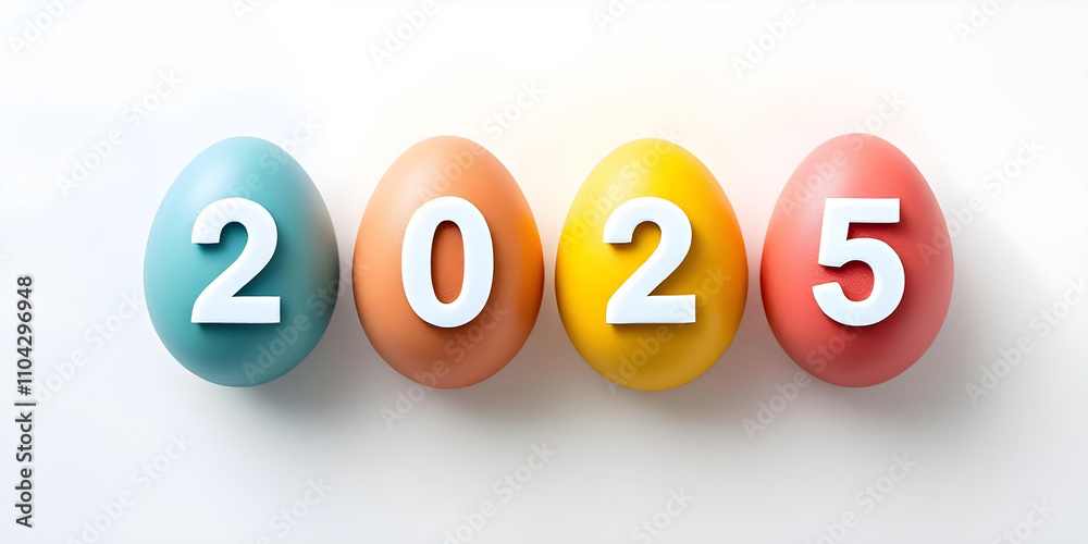 2025 Displayed on Colorful Easter Eggs with a Minimal White Background, 2025 Design in Multicolored Eggs for Spring or Easter Themes 2025 Displayed on Colorful Easter Eggs with a Minimal White Background, 2025 Design in Multicolored Eggs for Spring or Easter Themes