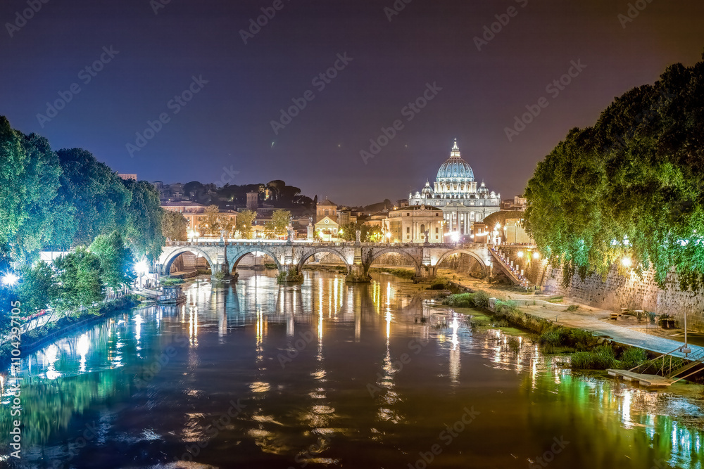 Enchanting Night View of Tiber River With Vatican City Illuminated in Rome Enchanting Night View of Tiber River With Vatican City Illuminated in Rome