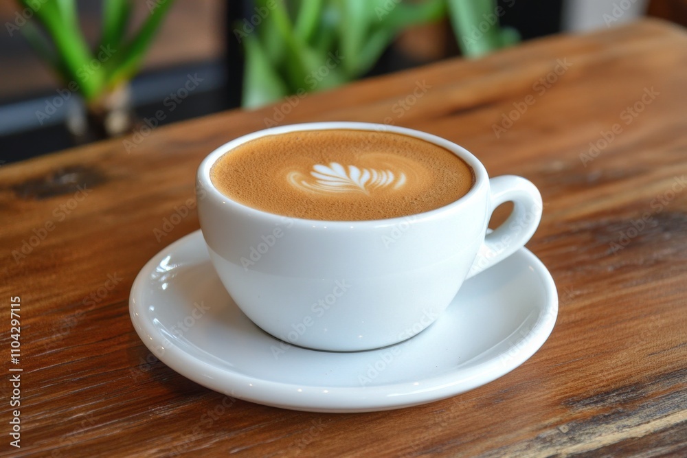 Warm cup of coffee with latte art served on a wooden table in a cozy cafe Warm cup of coffee with latte art served on a wooden table in a cozy cafe