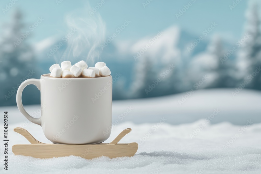 winter beverage enjoyment, a wooden sled against a snowy backdrop holds a steaming hot chocolate topped with marshmallows winter beverage enjoyment, a wooden sled against a snowy backdrop holds a steaming hot chocolate topped with marshmallows