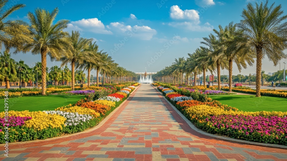 Vibrant Floral Pathway with Palm Trees and Fountain in Park Vibrant Floral Pathway with Palm Trees and Fountain in Park