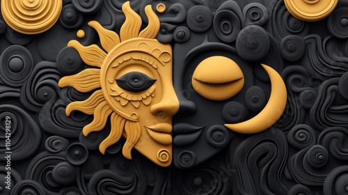 Artistic depiction of sun and moon faces merged together with intricate swirling patterns in a dual-tone palette photo