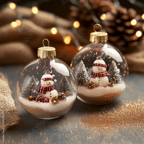 Two festive ornaments gleam on a table, radiating holiday cheer and reflecting the warm glow of twinkling lights, embodying the spirit of Christmas.