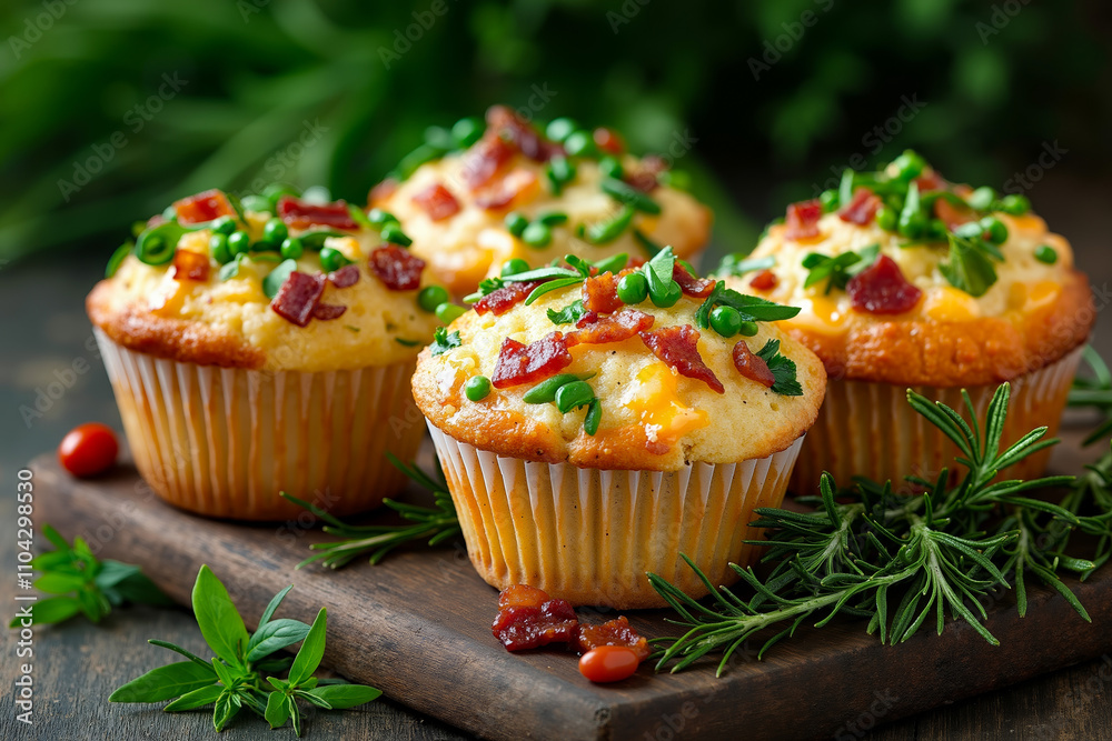 A wooden cutting board topped with muffins covered in bacon and cheese A wooden cutting board topped with muffins covered in bacon and cheese