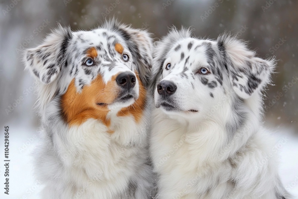 Beautiful dogs with unique coats charm on a snowy day in nature. Generative AI Beautiful dogs with unique coats charm on a snowy day in nature. Generative AI