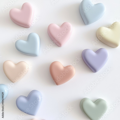 Pastel hearts in various colors create charming and playful pattern. These small, glossy hearts evoke feelings of love and joy, perfect for decorative purposes