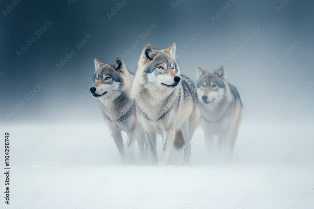 Fototapeta premium wildlife communication, a group of wolves gliding elegantly over the snowy fields, their breath visible in the cold air, silent signals lighting up the frosty landscape