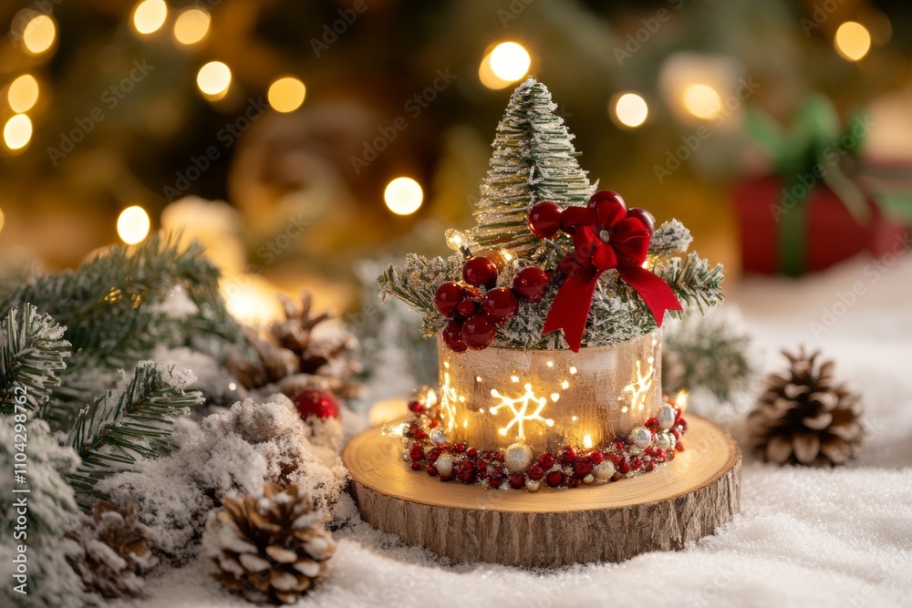 A delightful small cake adorned with a festive Christmas tree, evoking the warmth and joy of the holiday season in every sweet bite. A delightful small cake adorned with a festive Christmas tree, evoking the warmth and joy of the holiday season in every sweet bite.